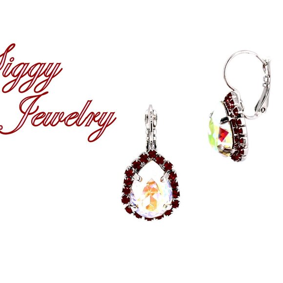 Crystal AB Pear Teardrop Earrings with Siam Red Halo and Rhodium Finish - Picture 3 of 6